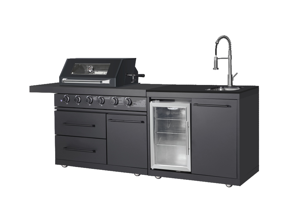 Komplette Küche – BBQ-Gasgrill + Kühlschrankschrank mit Spüle und Wasserhahn (schwarz)