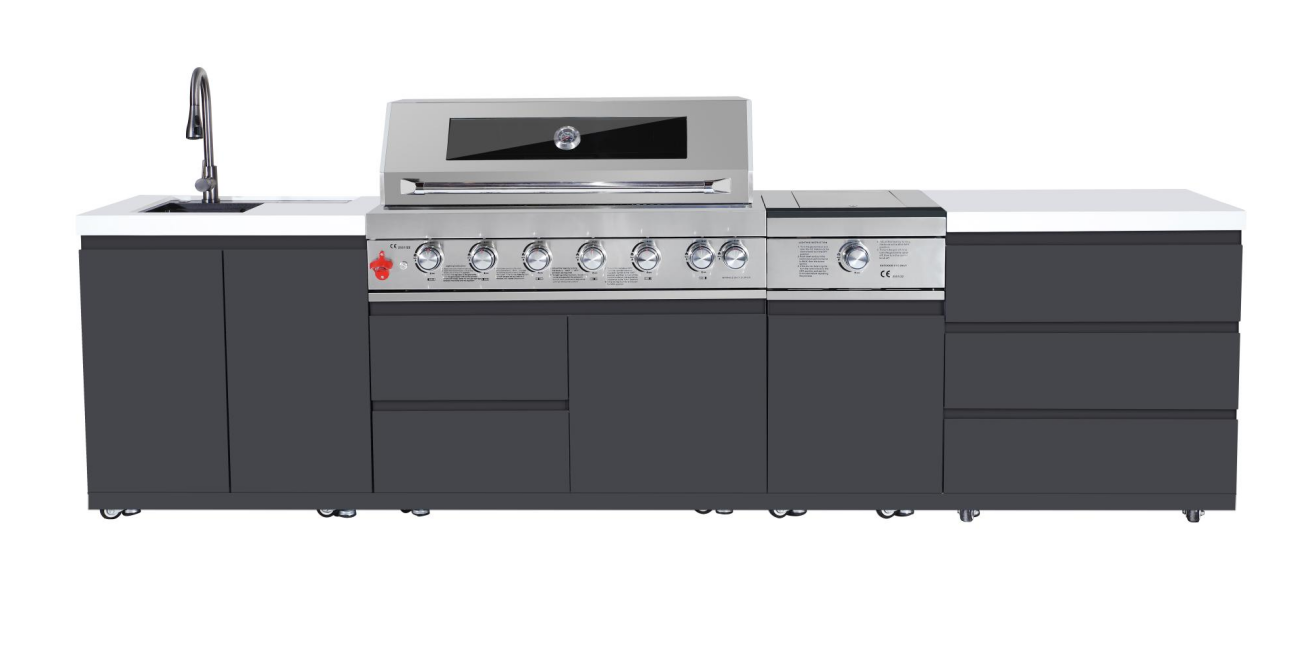 Komplette Küche – BBQ-Gasgrill + Seitengrill + Schubladenschrank + Spüle und Wasserhahn (schwarze Edelstahloptik)