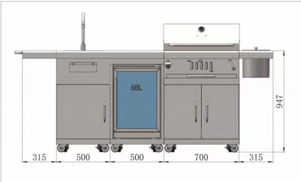 Komplette Küche – Holzkohlegrill + Kühlschrankschrank + Spüle und Wasserhahn (Edelstahloptik)