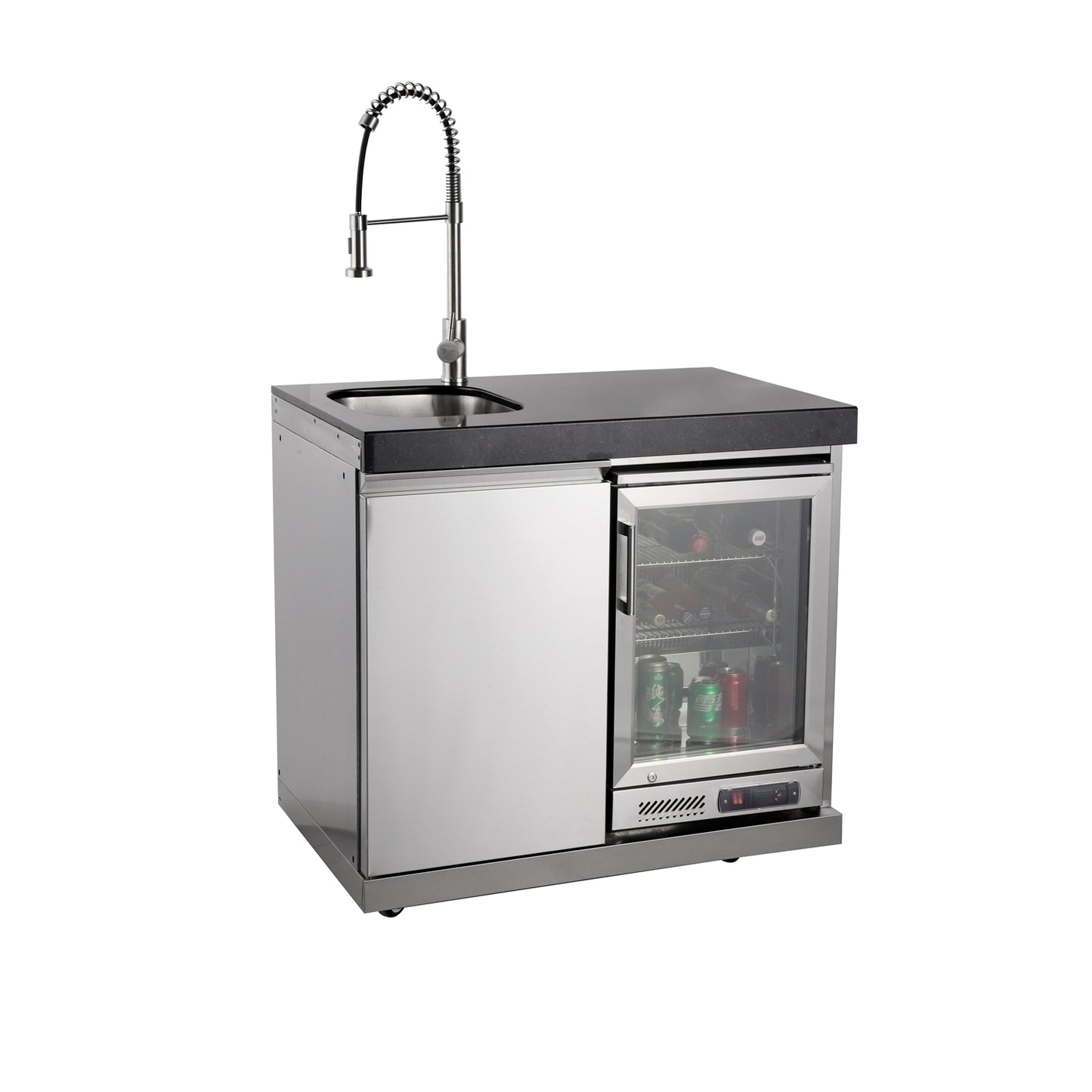 Kühlschrankschrank - 1-türiger Schrank (links) - 1-türiger Kühlschrank (rechts) + Wasserhahn und Spüle