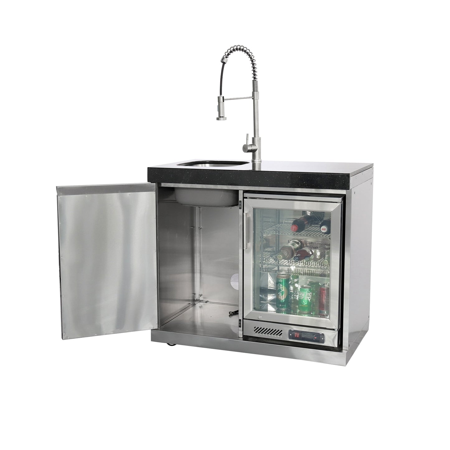 Kühlschrankschrank - 1-türiger Schrank (links) - 1-türiger Kühlschrank (rechts) + Wasserhahn und Spüle