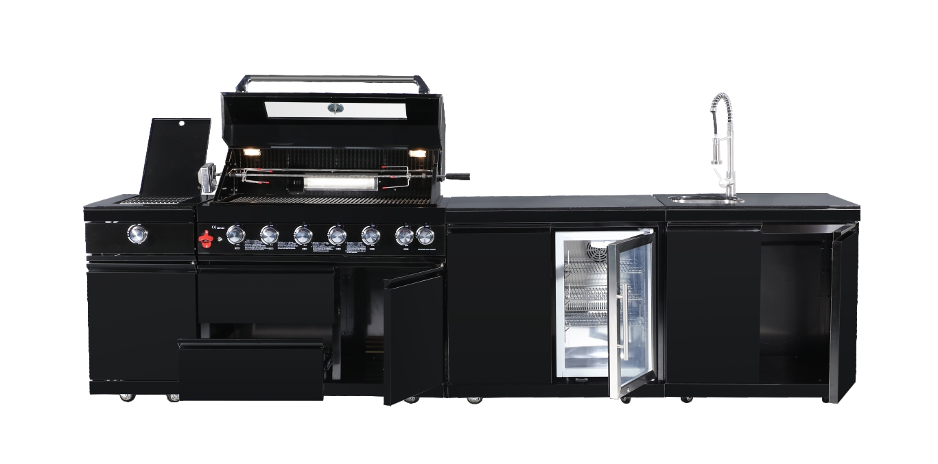 Complete Kitchen - BBQ Gas Grill + Side Grill + Refrigerator cabinet + Sink & Faucet (Black Stainless Steel look)