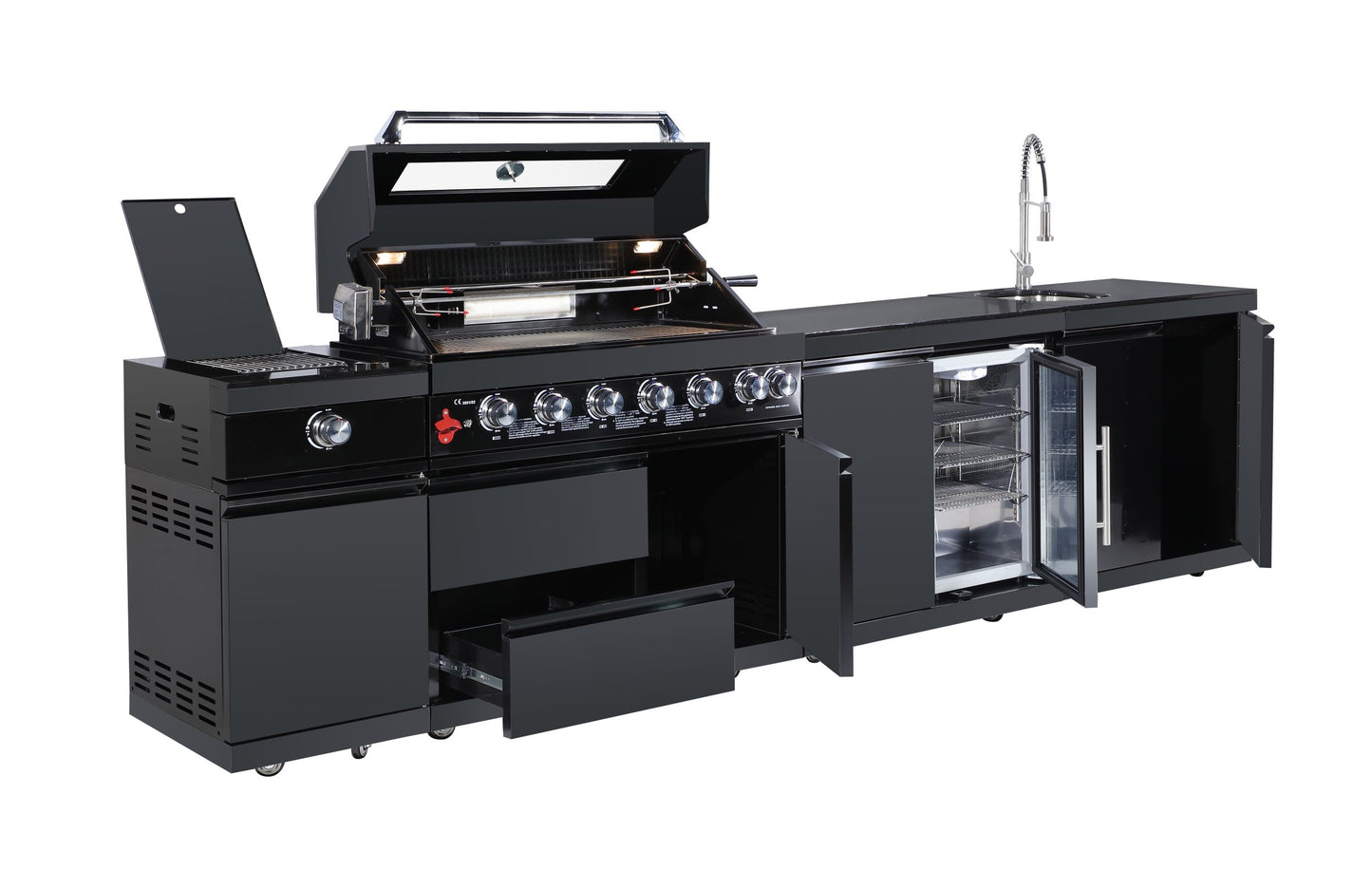 Complete Kitchen - BBQ Gas Grill + Side Grill + Refrigerator cabinet + Sink & Faucet (Black Stainless Steel look)